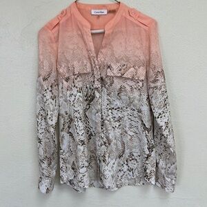 Unique Calvin Klein Peach Animal Print Long Sleeve Button Front V Neck Blouse XS